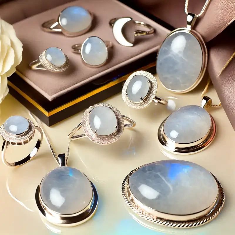 Collection complète de bijoux en Pierre de Lune : pendentifs, bagues, colliers, bracelets, et boucles d’oreilles en douce pierre céleste.