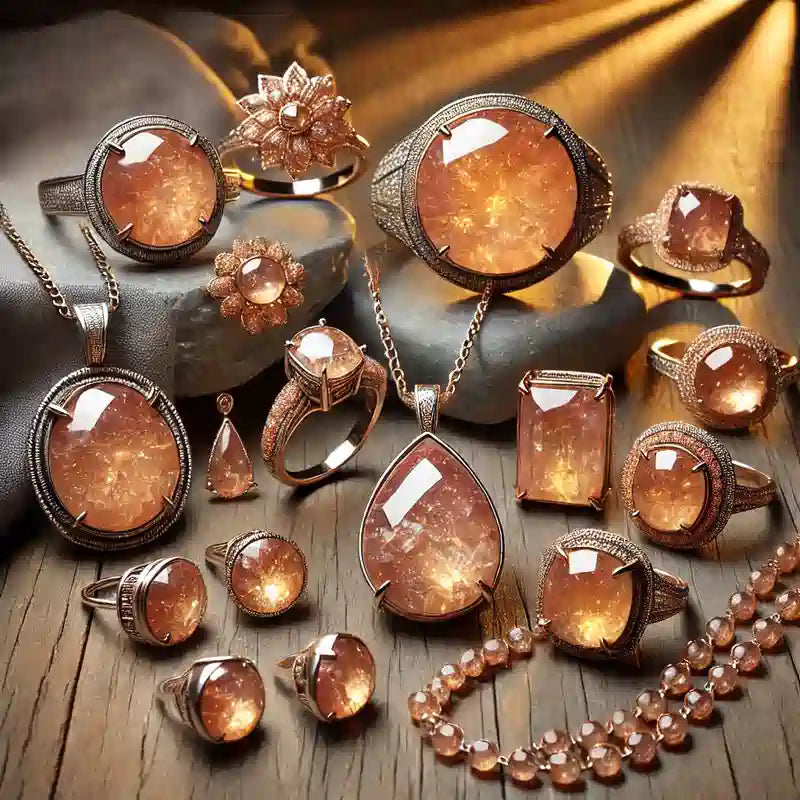 Collection complète de bijoux en Pierre de Soleil : pendentifs, bagues, colliers, bracelets, et boucles d’oreilles scintillant de reflets dorés.