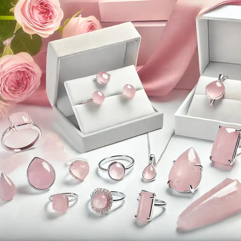 Collection complète de bijoux en Quartz Rose : pendentifs, bagues, colliers, bracelets, et boucles d’oreilles en douce pierre rose.