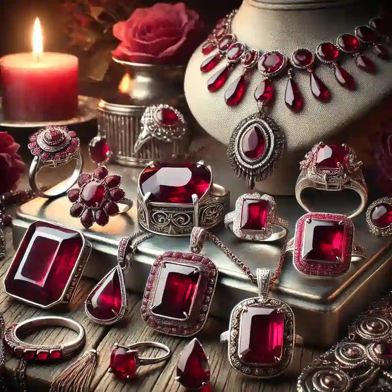 Collection complète de bijoux en Rubis : pendentifs, bagues, colliers, bracelets, et boucles d’oreilles en pierre rouge précieuse.