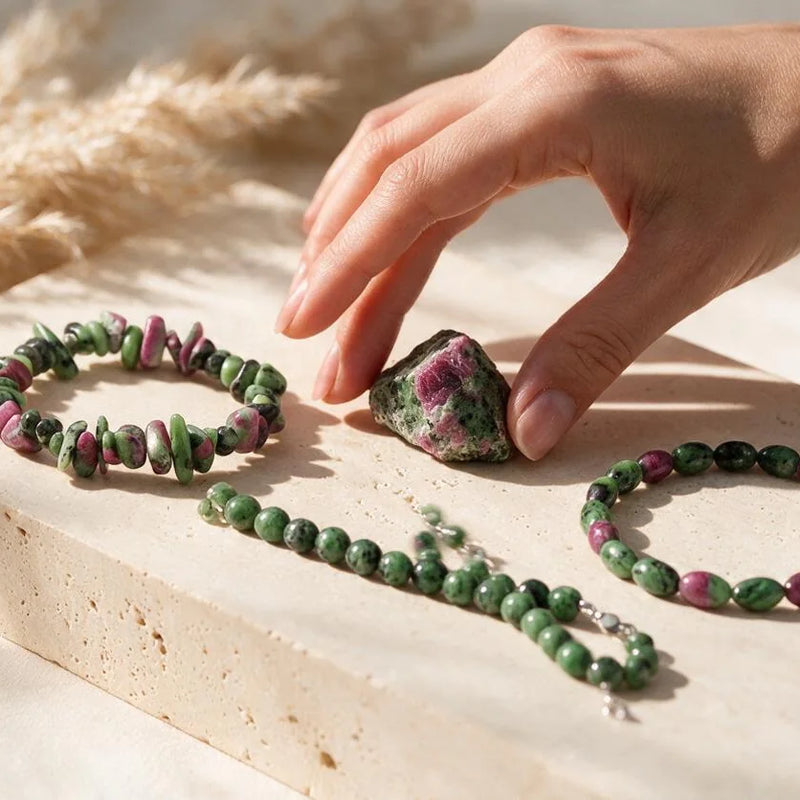 Bijoux en rubis sur zoïsite, pierre naturelle, sur travertin