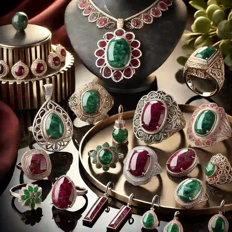 Collection complète de bijoux en Rubis Zoisite : pendentifs, bagues, colliers, bracelets, et boucles d’oreilles en pierre rouge et verte.