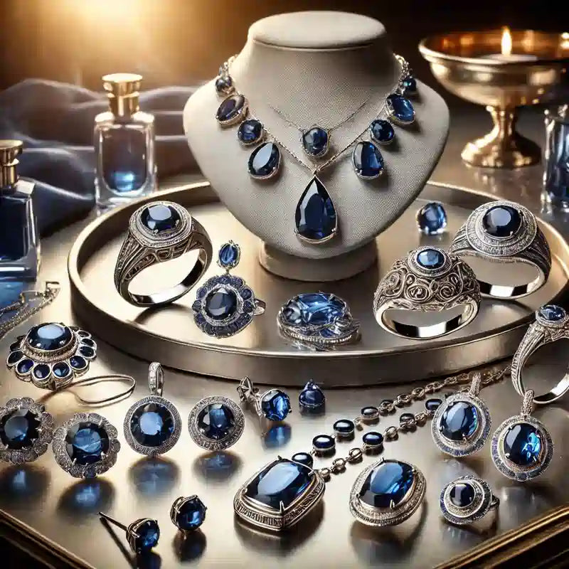 Collection complète de bijoux en Saphir : pendentifs, bagues, colliers, bracelets, et boucles d’oreilles en pierre bleue précieuse.