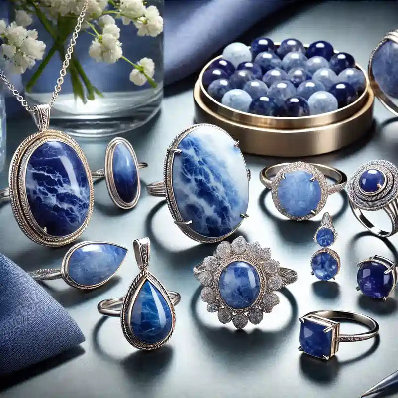 Collection complète de bijoux en Sodalite : pendentifs, bagues, colliers, bracelets, et boucles d’oreilles en pierre bleue et blanche.