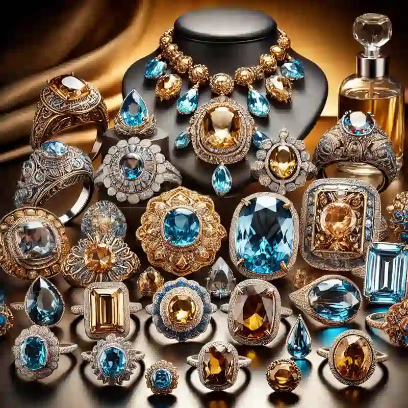 Collection complète de bijoux en Topaze : pendentifs, bagues, colliers, bracelets, et boucles d’oreilles en pierres colorées.