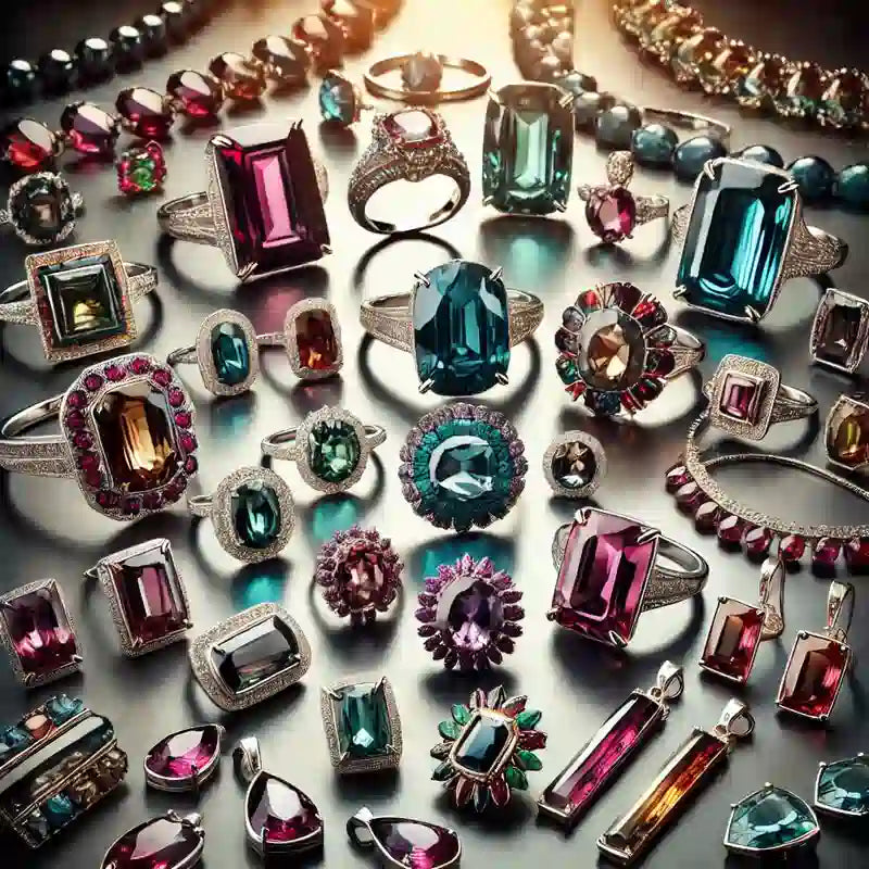 Collection complète de bijoux en Tourmaline : pendentifs, bagues, colliers, bracelets, et boucles d’oreilles en pierre multicolore.