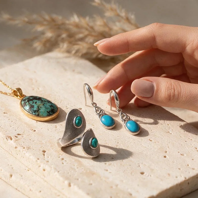 Bijoux en turquoise, pierre naturelle, sur travertin