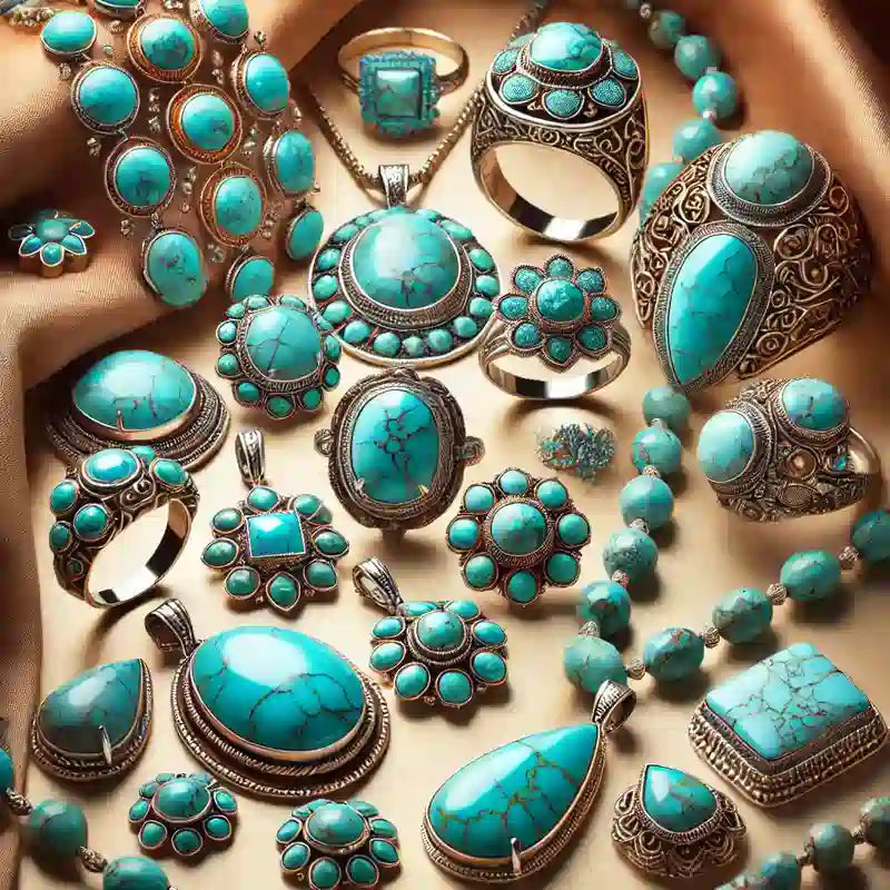 Collection complète de bijoux en Turquoise : pendentifs, bagues, colliers, bracelets, et boucles d’oreilles en pierre bleue vibrante.