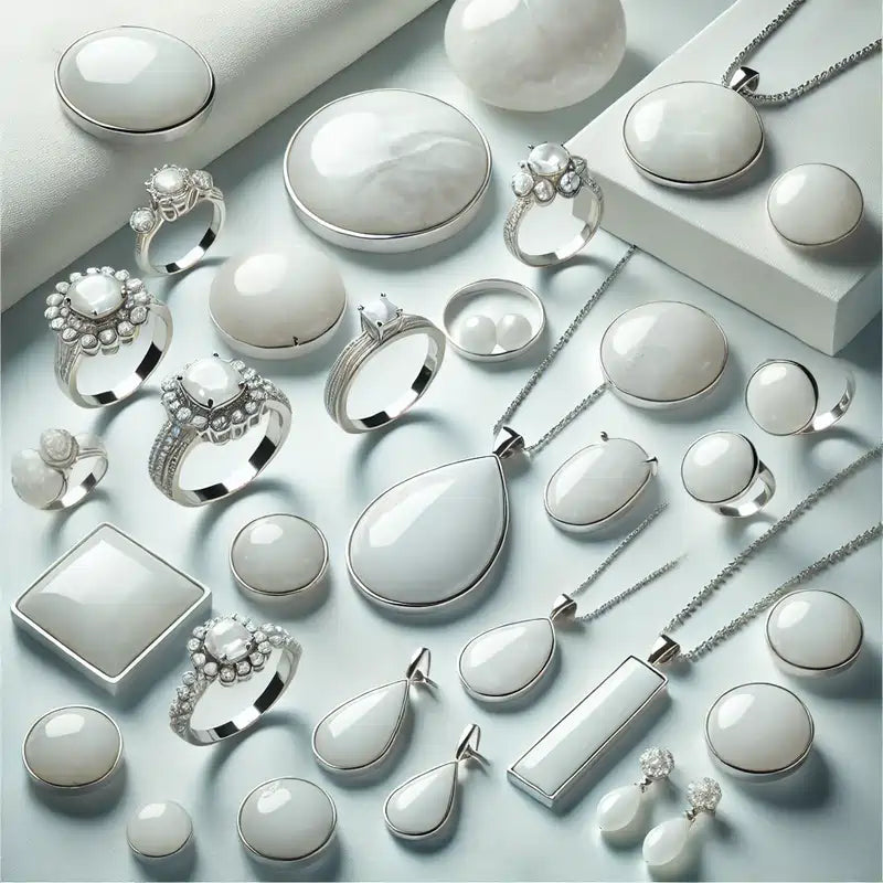 Collection de bijoux en pierre blanche, comprenant pendentifs, bagues, boucles d'oreilles, colliers et bracelets pour un style pur et sophistiqué.