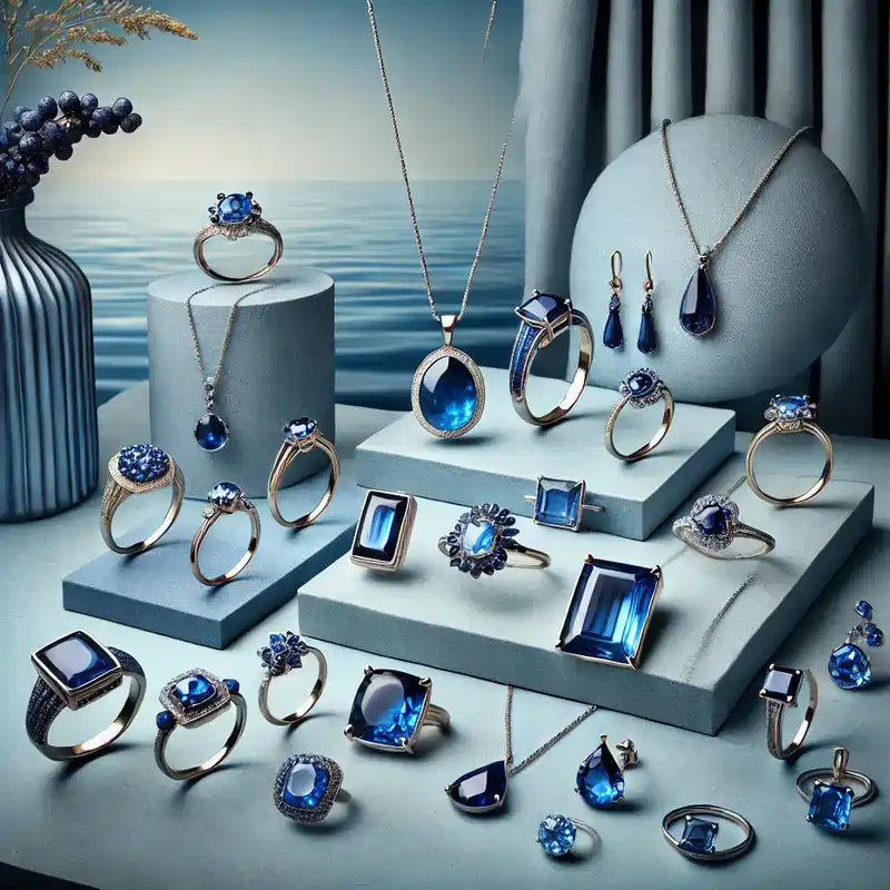 Collection élégante de bijoux en pierre bleue, mettant en avant saphirs, lapis-lazulis, et aigues-marines