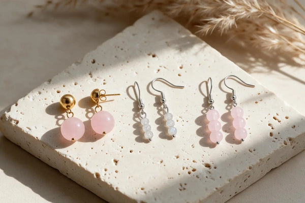 Boucles d'oreilles boule en pierre naturelle, sur travertin
