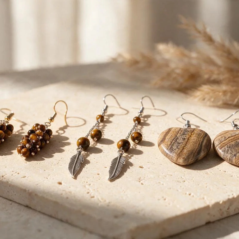 Boucles d'oreilles en pierre marron, sur travertin