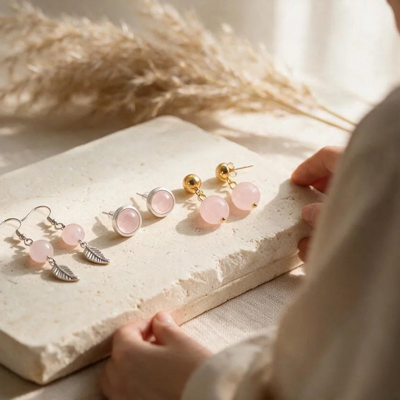 Boucles d'oreilles quartz rose, pierre naturelle, sur travertin