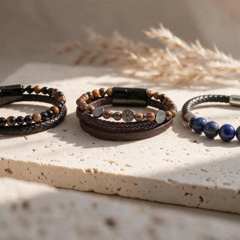 Bracelets homme en cuir et pierre naturelle, sur travertin