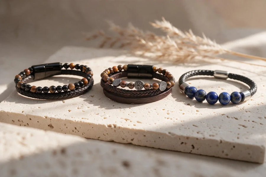 Bracelets homme en cuir et pierre naturelle, sur travertin