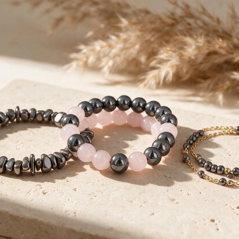 Bracelet hématite, pierre naturelle, sur travertin