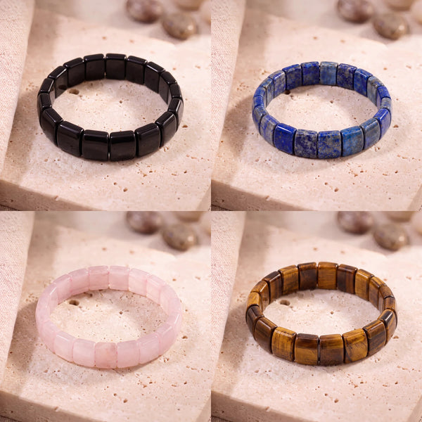 Bracelets en pierre plate naturelle : obsidienne noire, lapis-lazuli, quartz rose et œil de tigre en plaques de 14 mm sur travertin