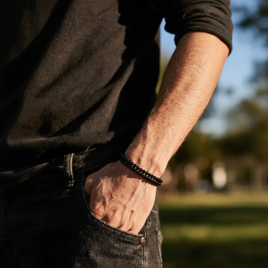 Bracelet homme en pierre naturelle noire et œil de tigre - La Pierre FR