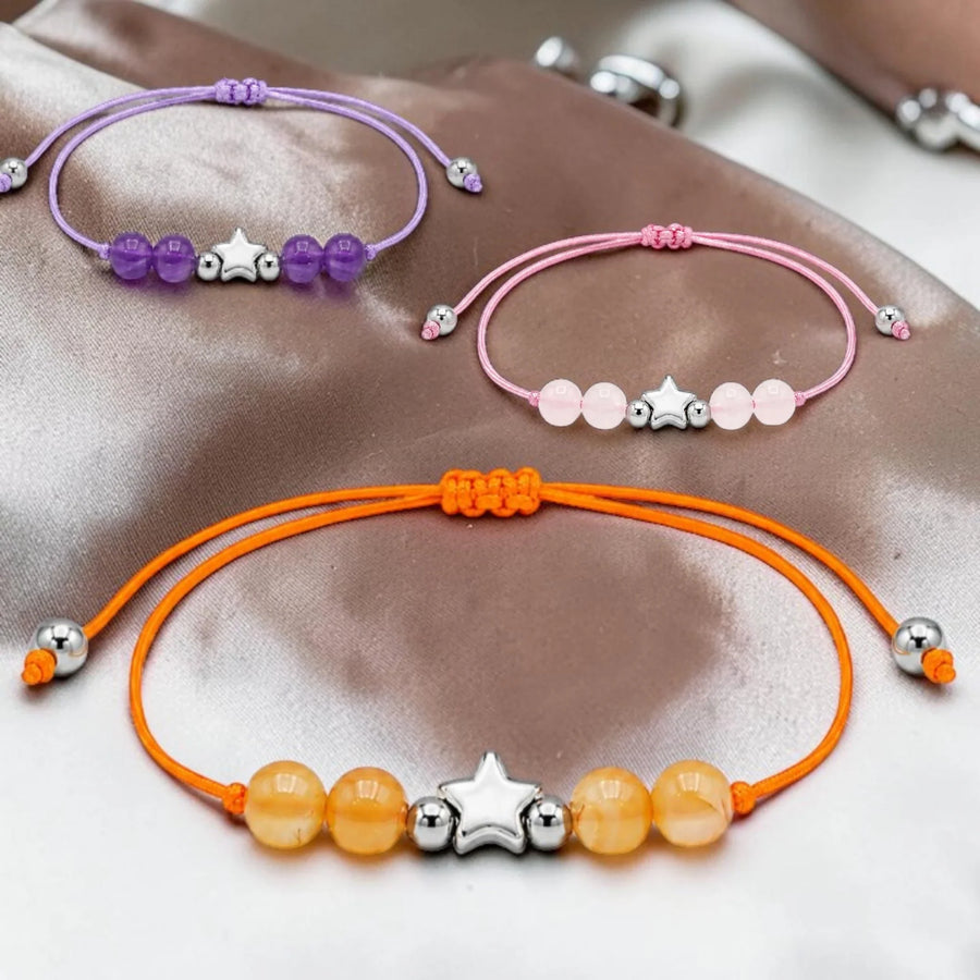 Bracelets cordon femme en pierre naturelle ÉTOILE®, perles 6 mm et étoile argentée sur cordon coulissant