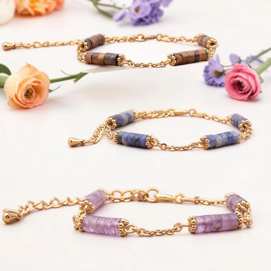 Bracelets heishi en pierre naturelle pour femme, perles plates 4 mm sur chaînette en acier doré