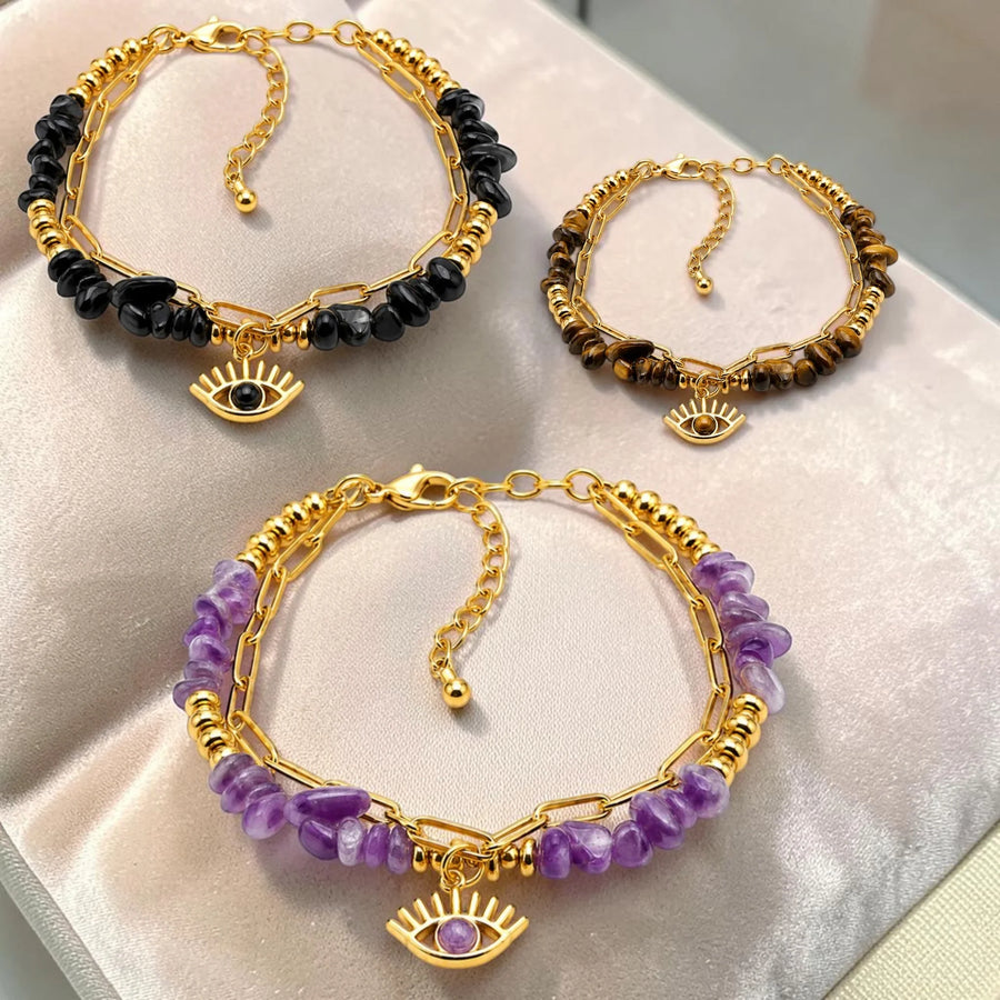 Bracelets mauvais œil en pierre naturelle OCULUS® pour femme, double rang doré avec breloque œil sertie