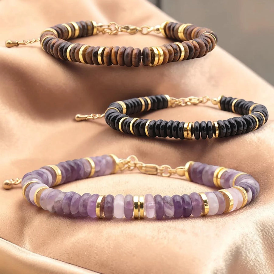 Bracelets perles plates en pierre naturelle DISQUE® pour femme, rondelles 6 mm et disques en acier doré