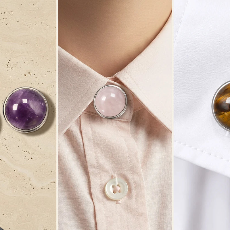 Cache bouton chemise en pierre naturelle : paire en améthyste sur travertin, quartz rose au col et œil de tigre à la manche