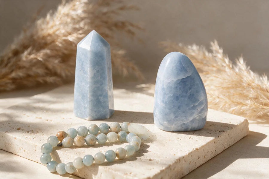 Pierre calcite bleue naturelle, sur travertin