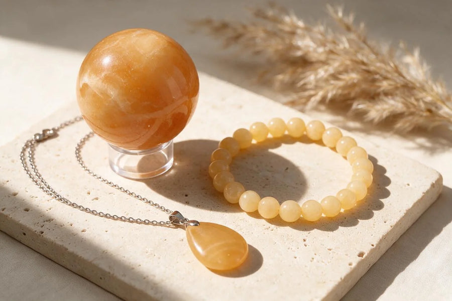 Pierre calcite orange naturelle, sur travertin