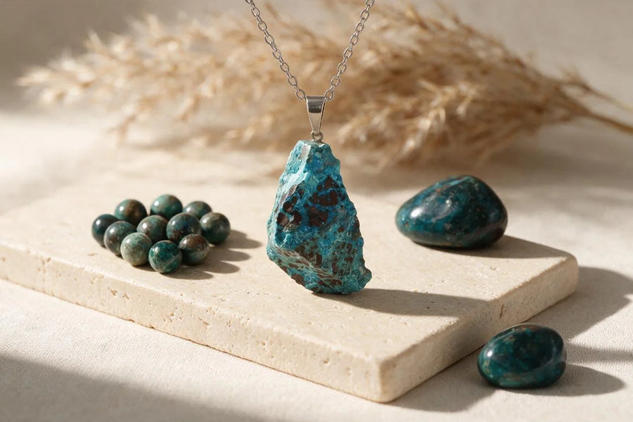 Pierre chrysocolle naturelle, sur travertin