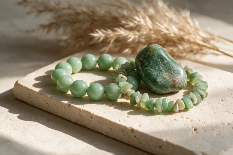 Pierre chrysoprase naturelle, sur travertin