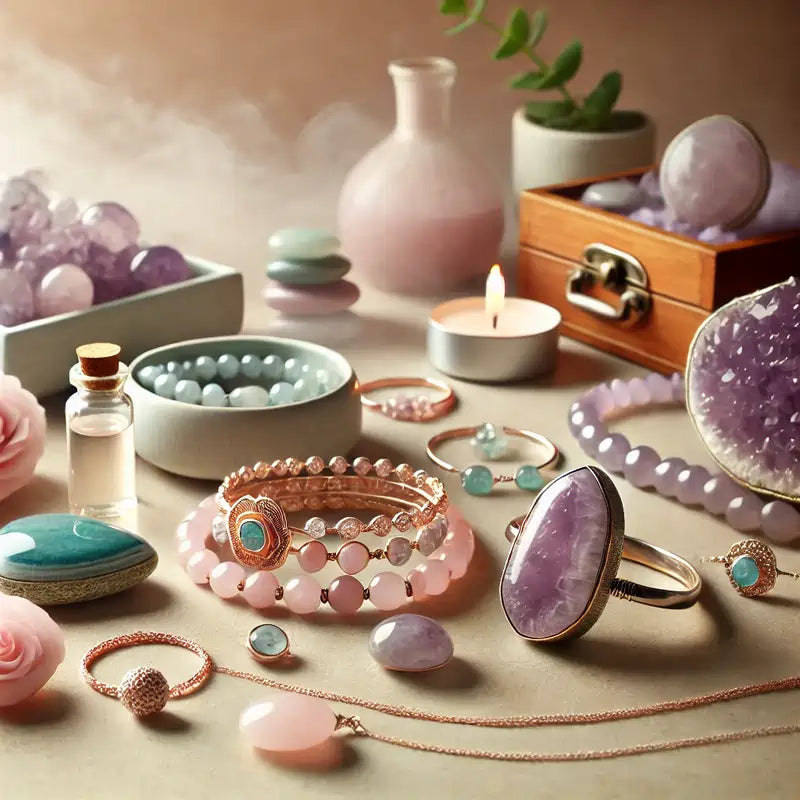 Collection élégante de bijoux bien-être avec améthyste, quartz rose et agate