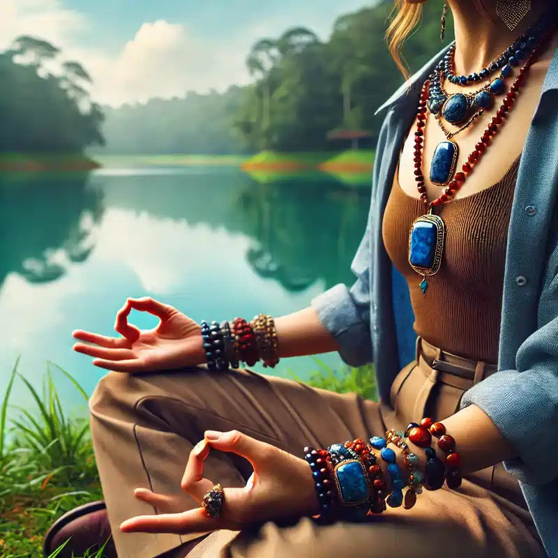 Collection de bijoux pour la confiance en soi avec lapis-lazuli, jaspe rouge et œil de tigre
