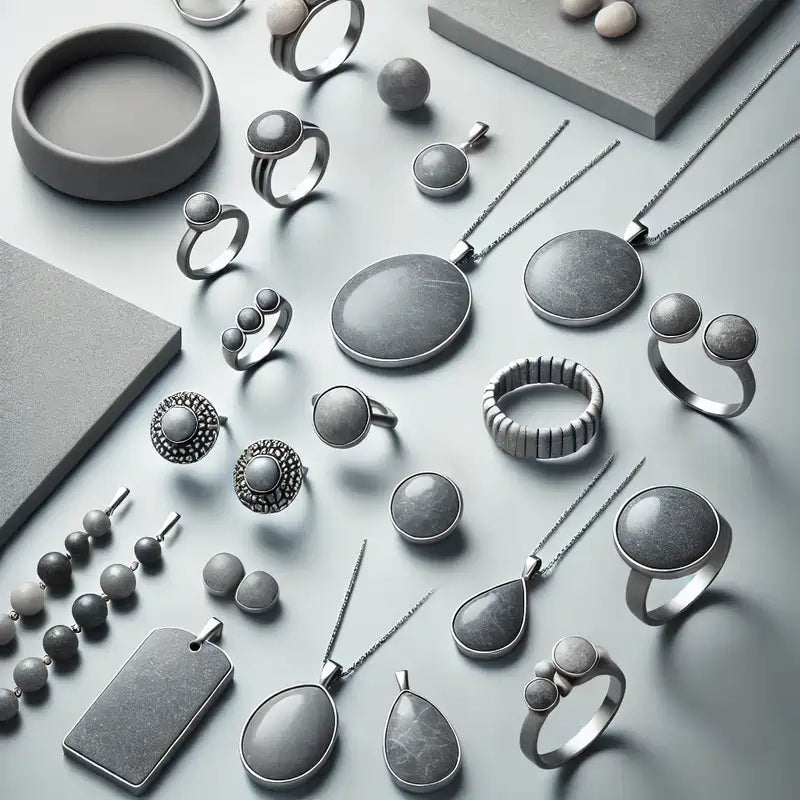 Collection de bijoux en pierre grise, comprenant pendentifs, bagues, boucles d'oreilles, colliers et bracelets pour un style élégant et équilibré.