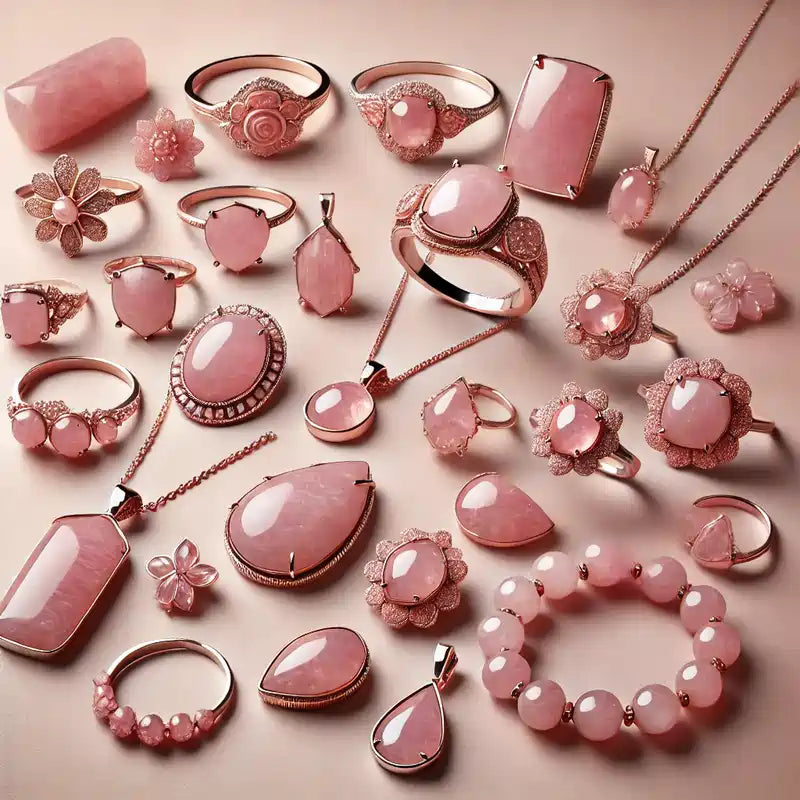Collection de bijoux en pierre rose, comprenant pendentifs, bagues, boucles d'oreilles, colliers et bracelets pour un style doux et romantique.