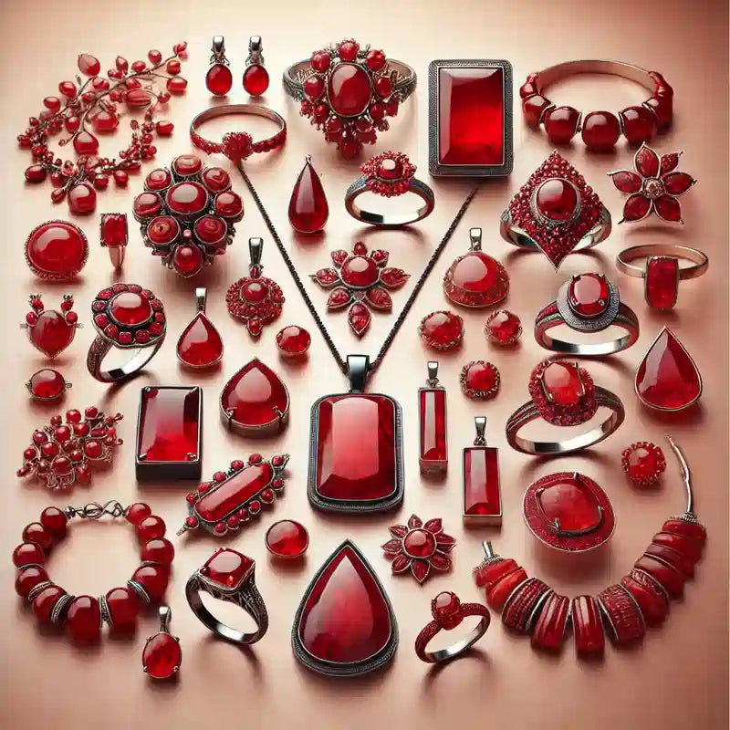Collection de bijoux en pierre rouge, comprenant pendentifs, bagues, boucles d'oreilles, colliers et bracelets pour lithothérapie et style.