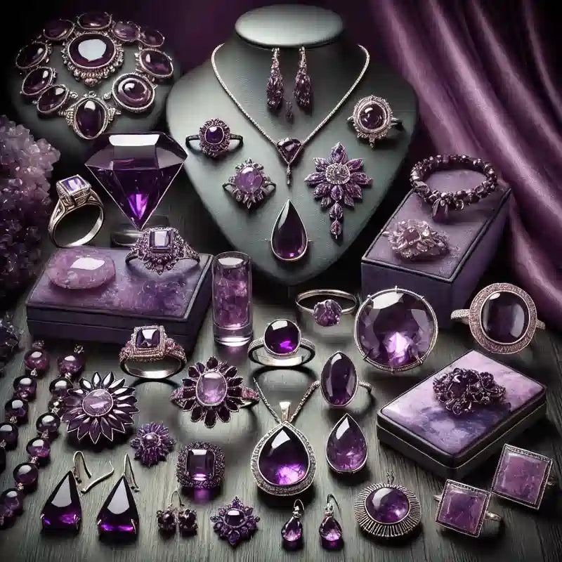 Collection de bijoux en pierre violette comprenant pendentifs, bagues et bracelets