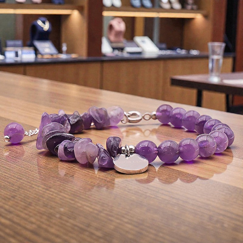 Collection bracelets pierre naturelle DUO® avec pierres baroques et perles rondes de 6 mm sur chaîne réglable en acier inoxydable