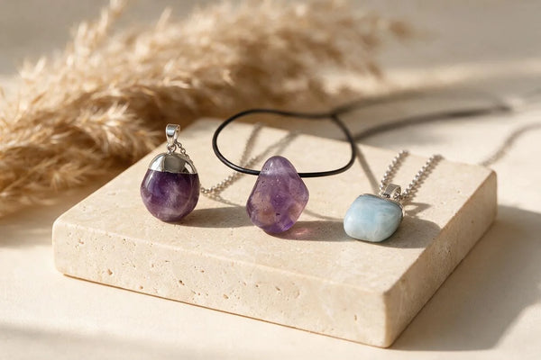Pendentif pierre roulée naturelle, sur travertin