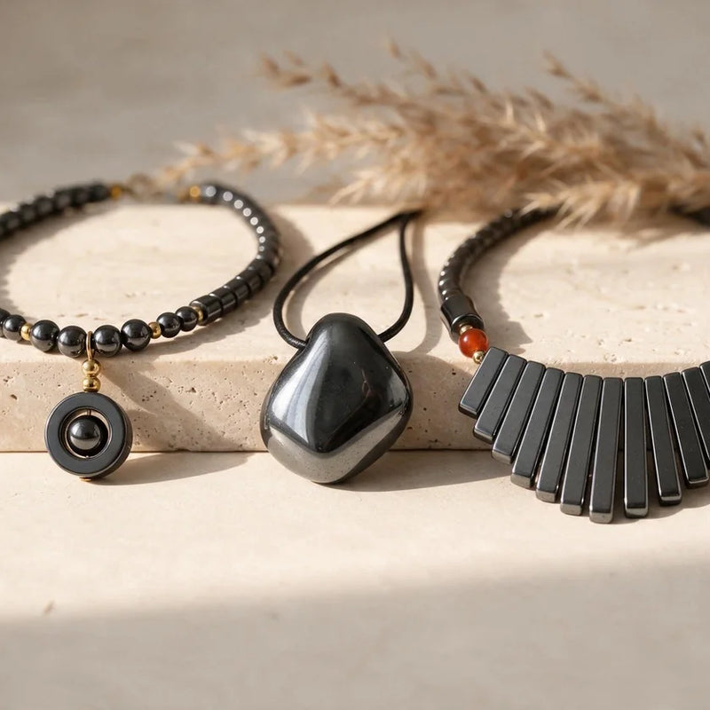 Collier hématite, pierre naturelle, sur travertin