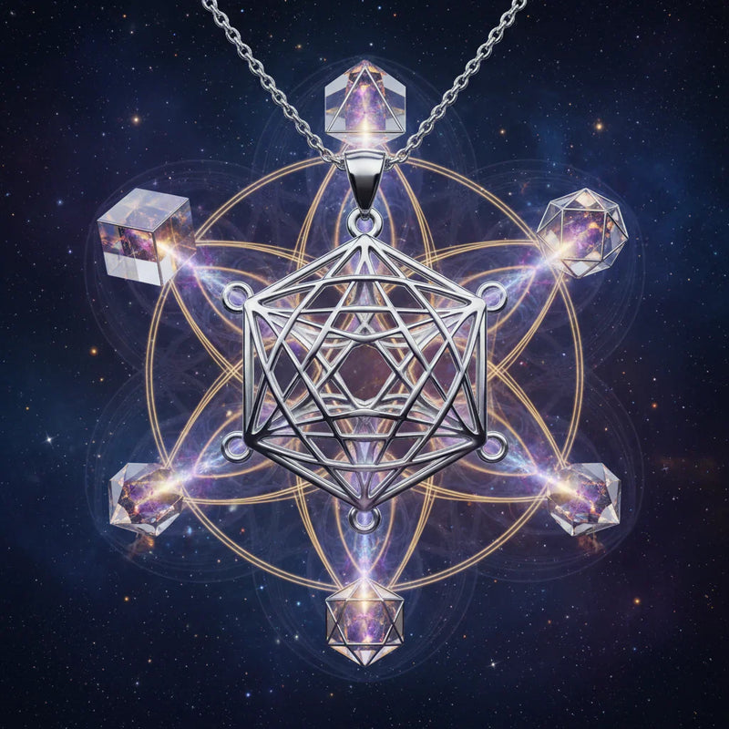 Collection Colliers Cube de Métatron et 5 Solides de Platon - 6 talismans gravés en acier inoxydable, géométrie sacrée avec perles de pierres naturelles