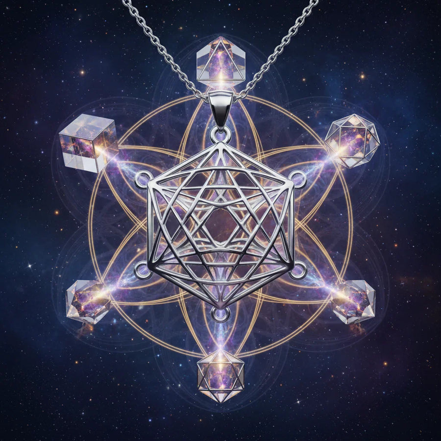 Collection Colliers Cube de Métatron et 5 Solides de Platon - 6 talismans gravés en acier inoxydable, géométrie sacrée avec perles de pierres naturelles