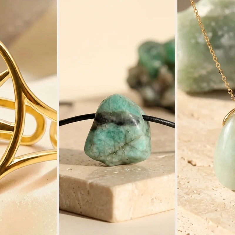 Pierre de naissance de mai : émeraude, aventurine et jade, sur travertin