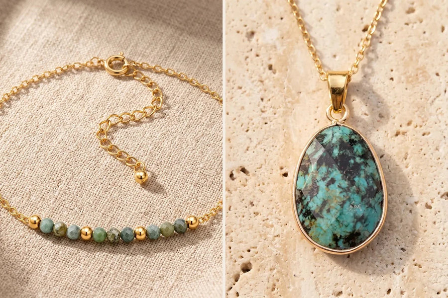 Turquoise africaine, jaspe naturel, pierre naturelle, sur travertin
