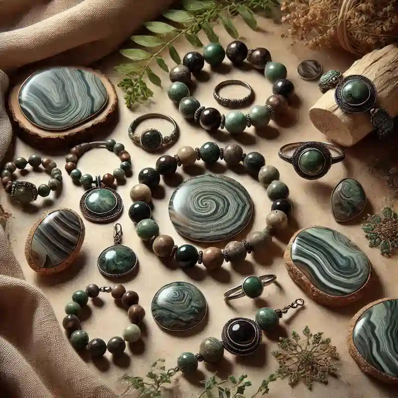 Assortiment de bijoux artisanaux et de pierres polies présentant des motifs marbrés verts et bruns.