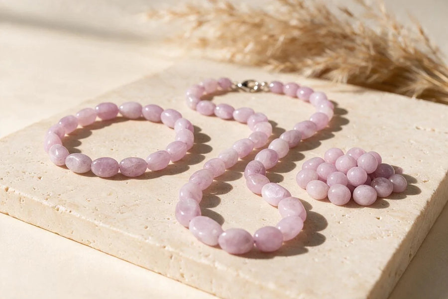 Pierre kunzite naturelle, sur travertin