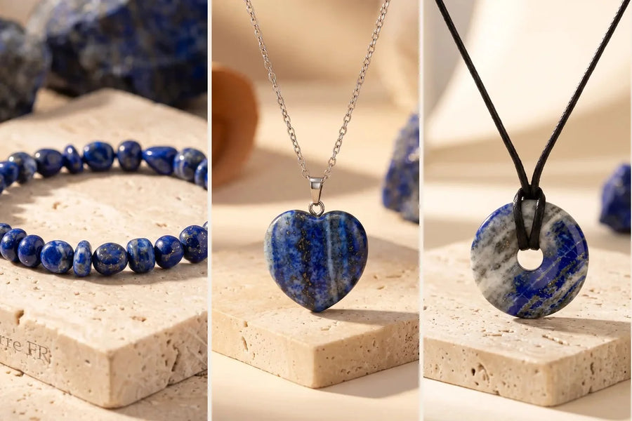 Pierre lapis lazuli naturelle, sur travertin