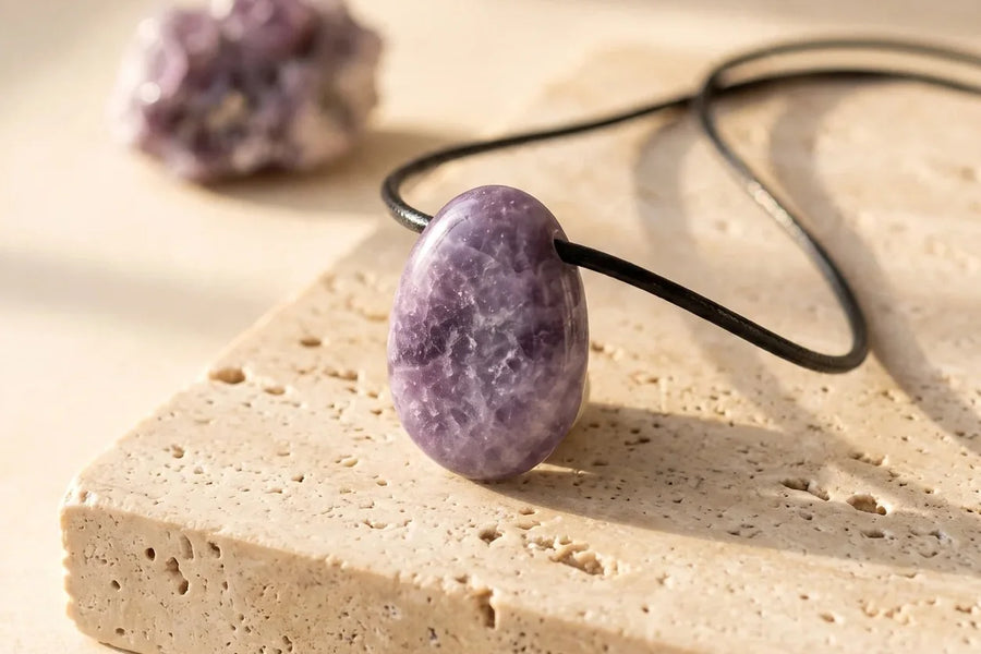 Lépidolite, pierre naturelle, sur travertin