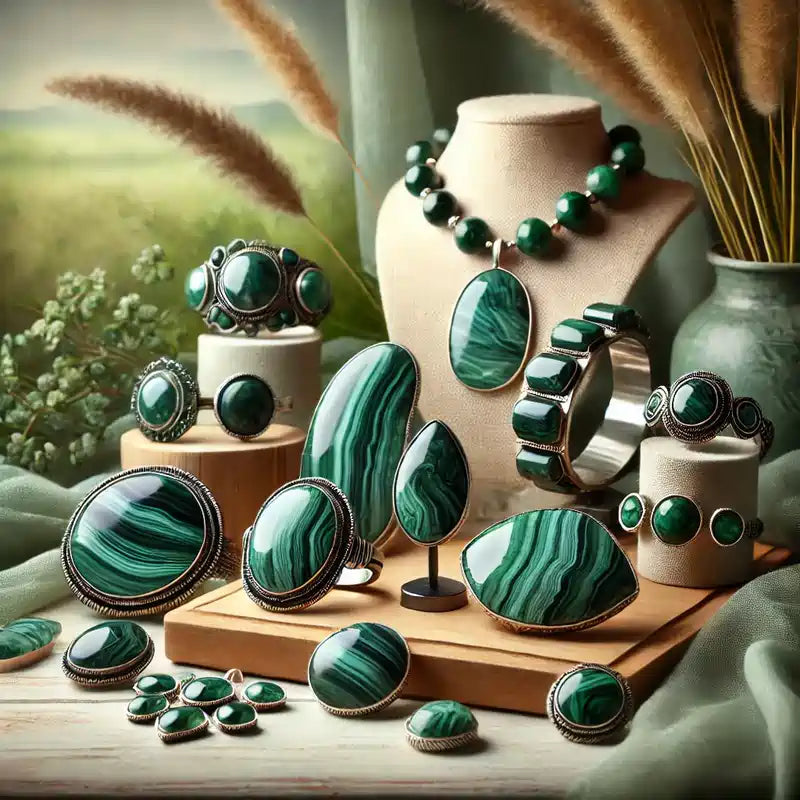 Collection naturelle de bijoux en malachite, élégante et apaisante.