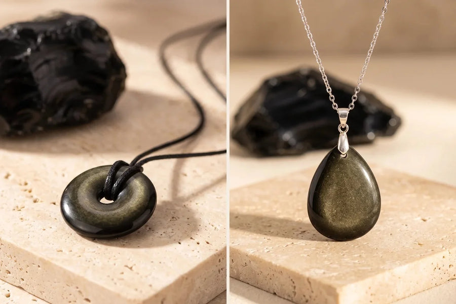 Obsidienne dorée, pierre naturelle, sur travertin